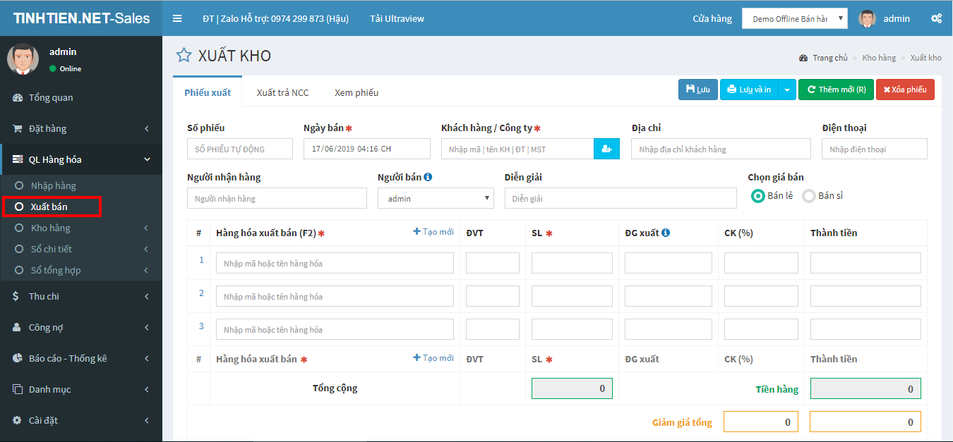 Giao diện xuất bán hàng