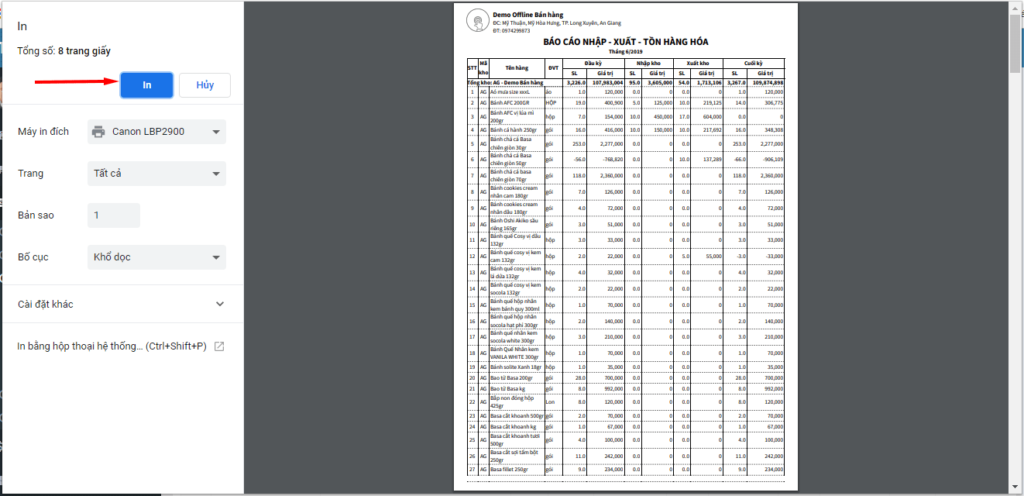 in báo cáo nhập xuất tồn hàng hóa