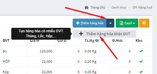 Thêm hàng hóa có ĐVT khác