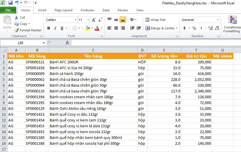 khai báo hàng hóa cần lấy số dư vào mẫu nạp excel