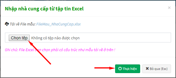 chọn đường dẫn đến file nhà cung cấp cần nạp