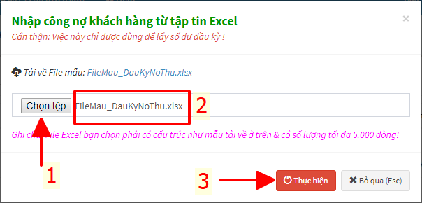 chọn file excel lấy số dư công nợ